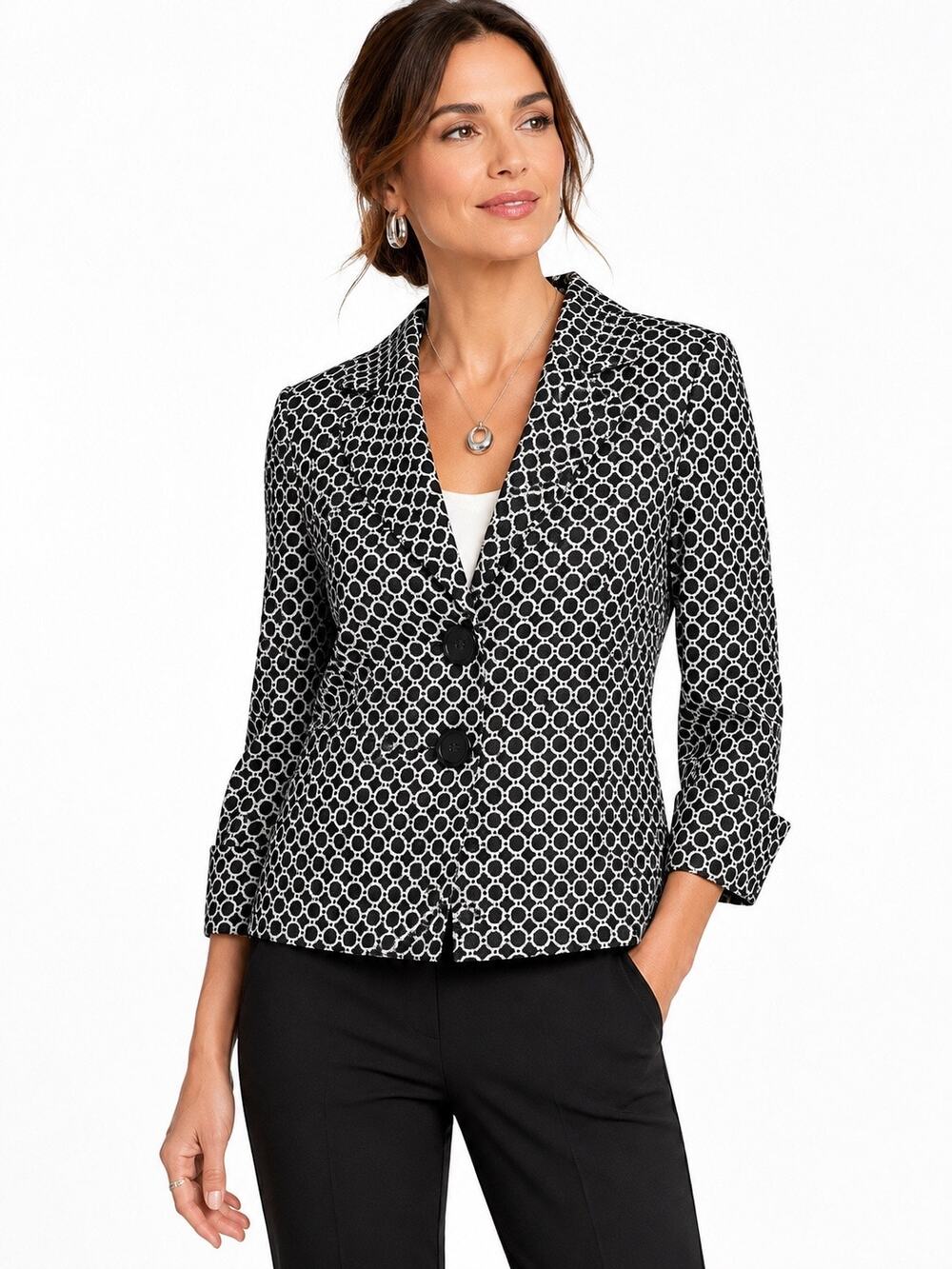 Tahari ASL Black White Geometric Interlocking Circle Blazer Jacket Women’s L